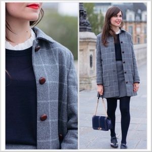 Sezane Ringo Grey Tartan Plaid Swing Pea Coat Size 6